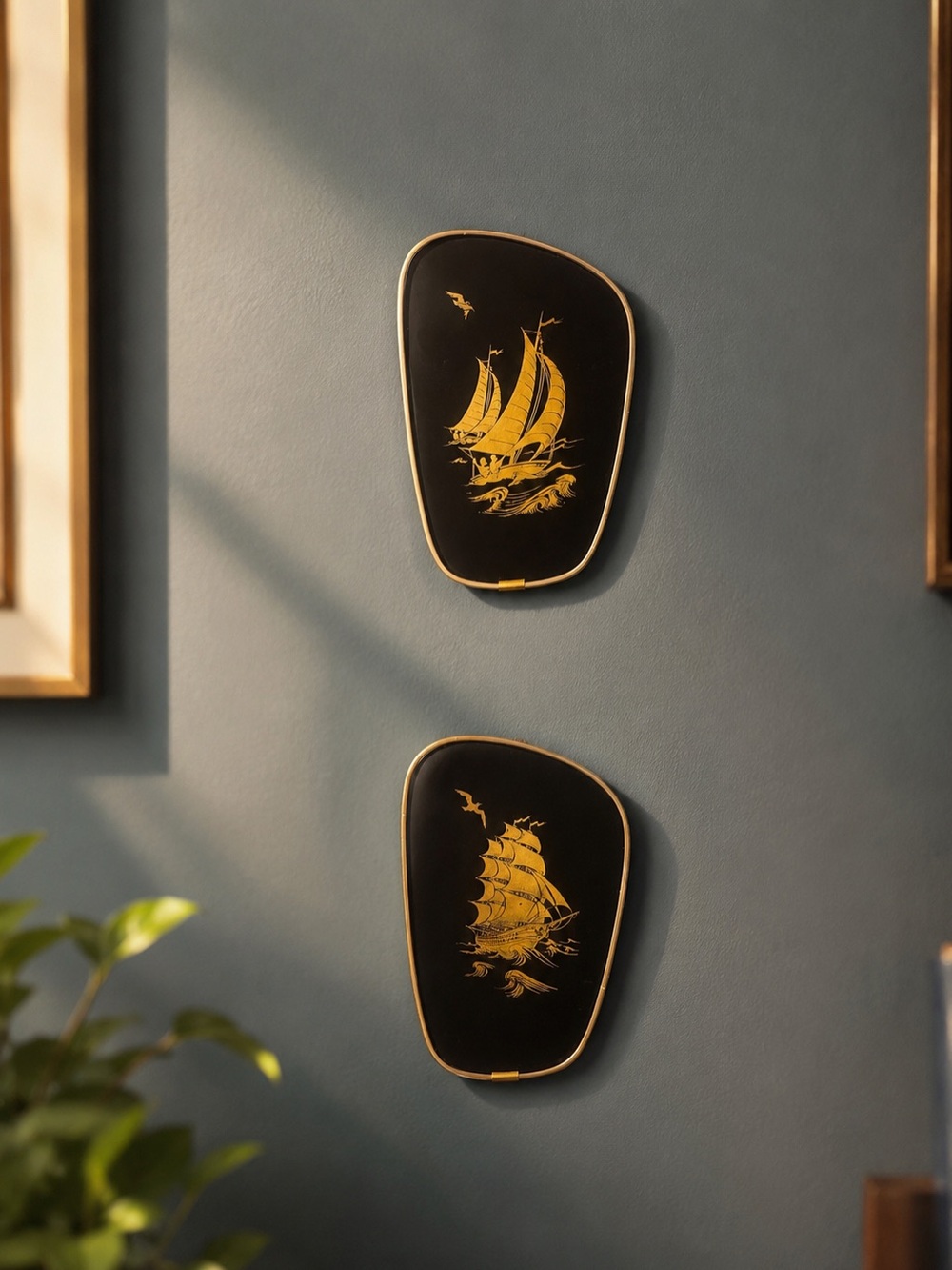 Vintage Mid-Century German Sailing Ship Wall Plaques | Set of 2 | 6” x 4”